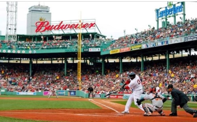 David Ortiz of the Boston Red Sox batting from home plate at Fenway Park.