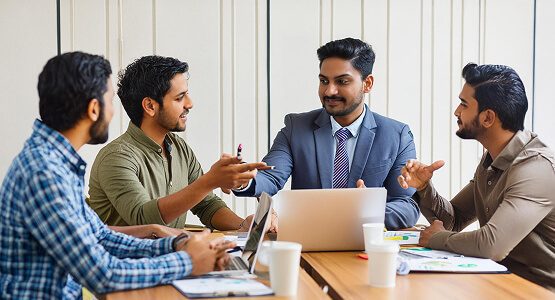 A group of four professionals in a modern office having a focused discussion around a table, symbolizing a consulting session and collaborative strategic planning.