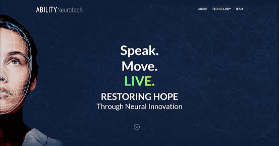 Ability Neurotech corporate site, a WordPress Development example with UX/UI Design, showcasing technology that decodes thoughts to control assistive devices and regain independence.