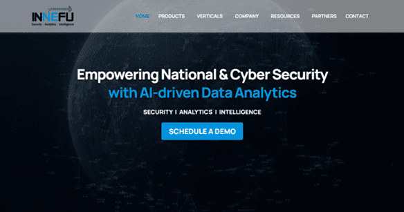 Innèfu corporate site, a WordPress Development example with UX/UI Design, focusing on Empowering National & Cyber Security with AI-driven analytics for defense and intelligence clients.
