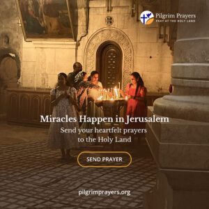 Display ad for Pilgrim Prayers promoting the idea that Miracles Happen in Jerusalem and encouraging users to send their search prayers.