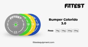 Product banner for FITTEST showcasing the Bumper Colorido 3.0 weight plates, highlighting different weights for strength training.