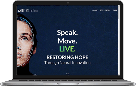 A laptop displaying the Ability Neurotech website banner on the screen, highlighting the functional and visual success of the digital platform project.