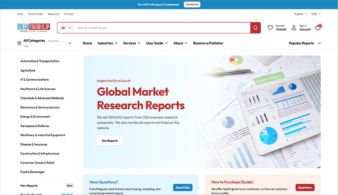 Screenshot of the MEGATrends Research website homepage, displaying market research reports, data charts, and a search bar, reflecting a professional digital platform for market intelligence.