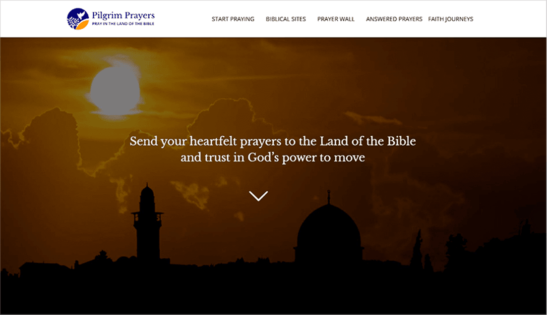 Screenshot of the Pilgrim Prayers website homepage showing a serene, spiritual setting with a message about sending prayers to holy land, reflecting a platform for faith-based services.
