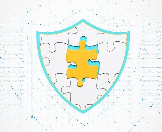 A yellow puzzle piece shaped like a shield placed over a digital security network, symbolizing the challenge of establishing trust and authority in the competitive cybersecurity market.
