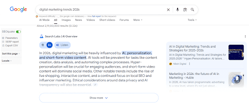 Search result preview for "digital marketing trends 2026" showing a summary about AI, personalization, and video content dominating future marketing.
