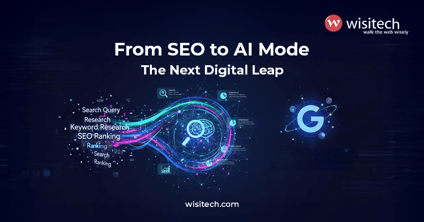 Graphic showing keywords evolving into AI-powered insights, symbolizing the shift from traditional SEO to AI Mode.