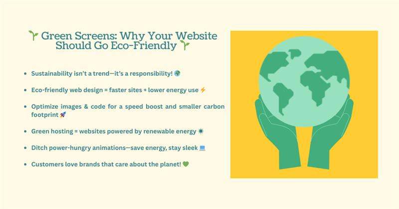 Illustration of an eco-friendly website with green hosting, optimized images, and reduced animations for sustainability.
