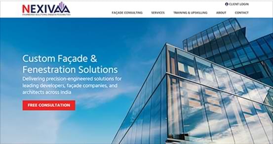 Nexivaa corporate site, a WordPress Development example with SEO and Social Media integration, promoting Custom Façade and Fenestration Solutions for building performance and design.