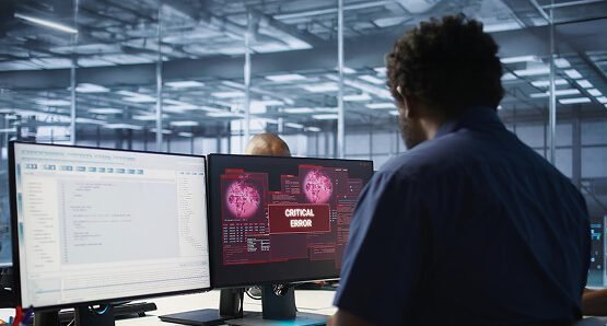 A man in a dark hoodie intently working on a laptop in a secure, digital environment, symbolizing a cybersecurity professional or data analyst focused on AI-driven data analytics for national security.