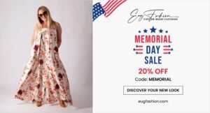 Fashion display ad for EUG Fashion promoting a 20% OFF Memorial Day Sale with a coupon code, driving seasonal summer sales.