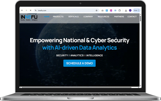 Screenshot of the new Innefu Labs website homepage: "Empowering National & Cyber Security With AI-driven Data Analytics" with a call-to-action button, as seen in the main banner.