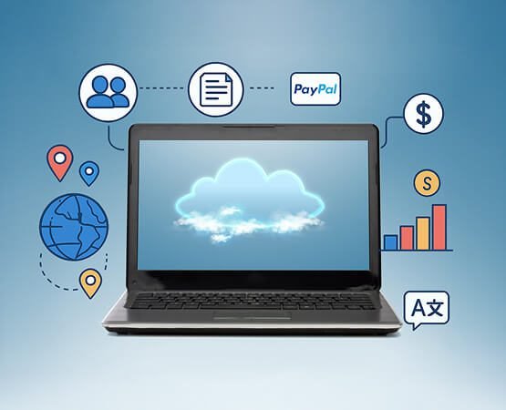 A laptop with various application and data icons floating around a cloud, representing a cohesive, scalable