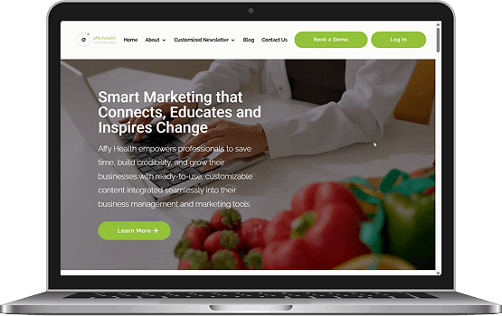 A laptop displaying the improved Affy Health website on the screen, highlighting the functional and visual success of the digital wellness platform project.
