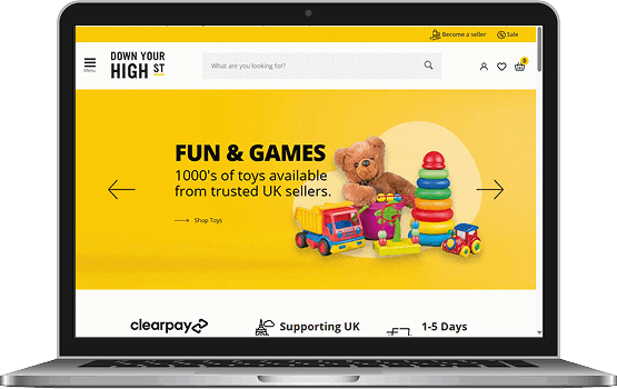 A laptop displaying the improved Down Your High Street website on the screen, highlighting the functional and visual success of the multi-vendor e-commerce platform project.