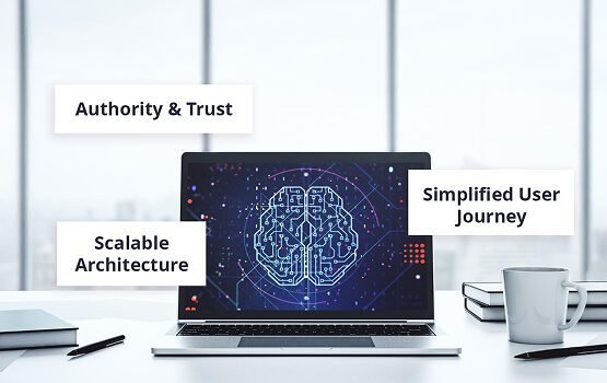 A laptop screen displaying a web interface with a digital brain visualization, surrounded by text and data, illustrating the user-friendly interface and the technical features of the neurotech platform.