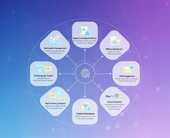 A stylized digital illustration showing multiple interconnected floating cubes or data containers, symbolizing a robust, modular platform architecture with integrated systems like CRM and e-commerce.