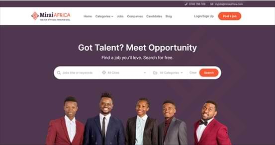 Miral Africa website, a Web App Development example with UX/UI Design, serving as a custom job-matching platform connecting talent and employers across Africa.