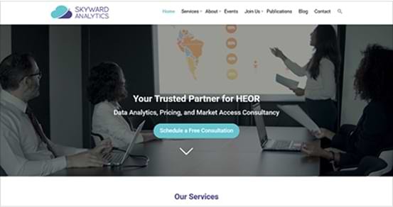 Skyward Analytics website, a Web App Development example with UX/UI Design and WordPress, delivering data-driven healthcare insights and market access solutions.