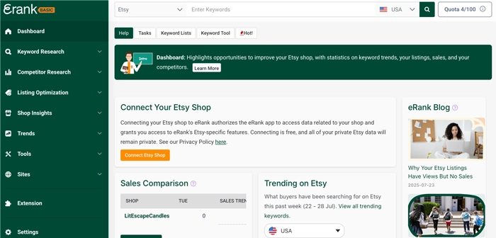 Screenshot of eRank dashboard and tool features for Etsy SEO.