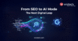 Graphic showing keywords evolving into AI-powered insights, symbolizing the shift from traditional SEO to AI Mode.