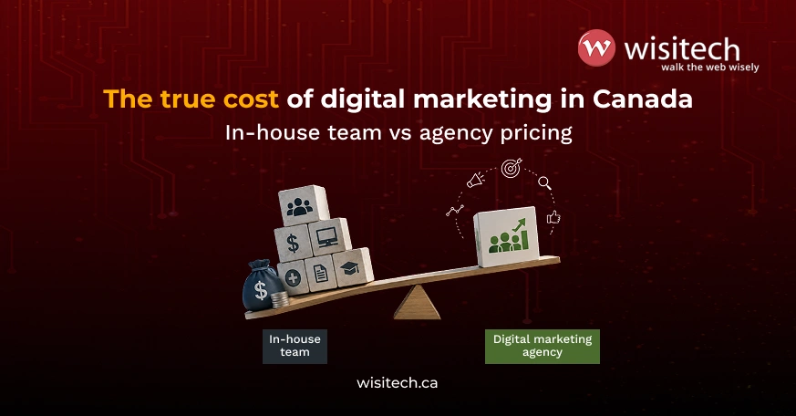 Illustration comparing digital marketing cost in Canada between an in-house marketing team and a digital marketing agency