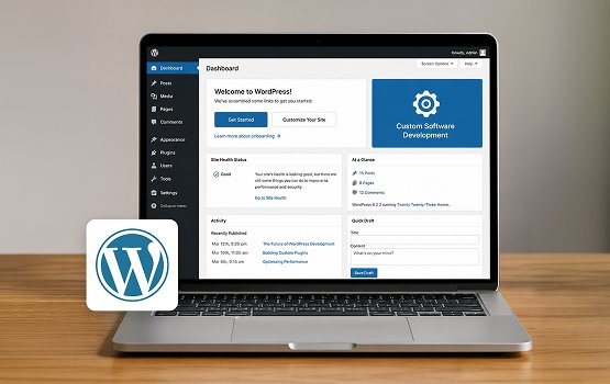 Laptop displaying the WordPress dashboard for complex WordPress implementation and custom plugin development services