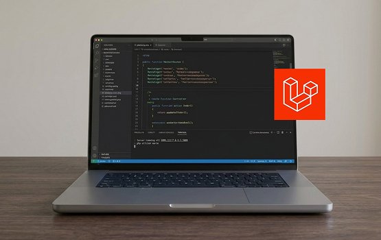 Laptop displaying Laravel code for custom web application development services by Wisitech