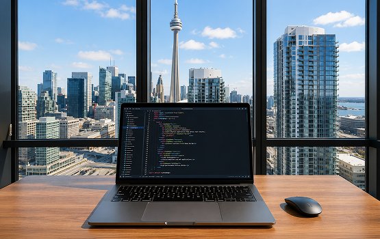 Laptop displaying source code with the Toronto skyline, representing Wisitech's web development services in Toronto