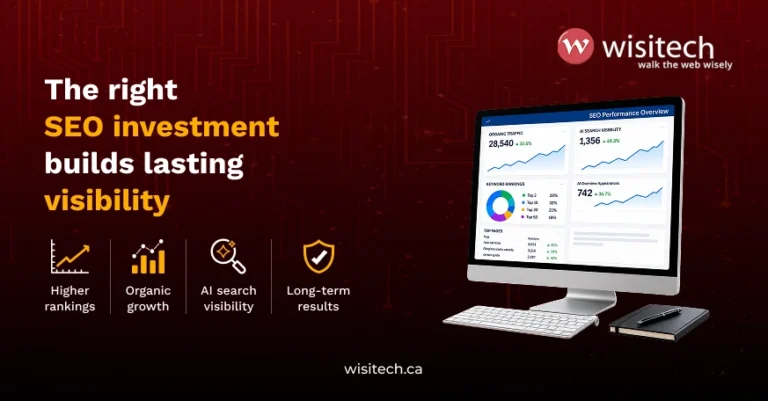 Business owner analyzing SEO investment, organic search growth, and AI search performance on a digital marketing dashboard