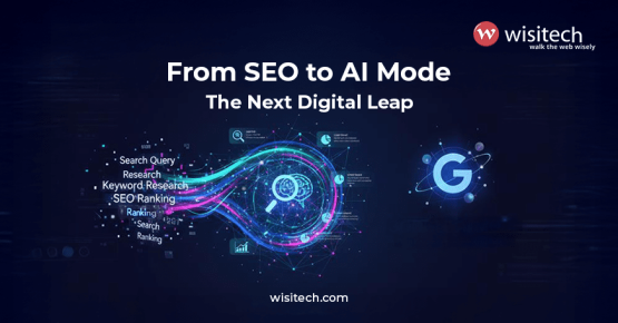 Graphic showing keywords evolving into AI-powered insights, symbolizing the shift from traditional SEO to AI Mode.