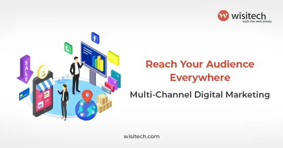 Flat-style digital illustration of a laptop surrounded by icons representing multi-channel digital marketing platforms.